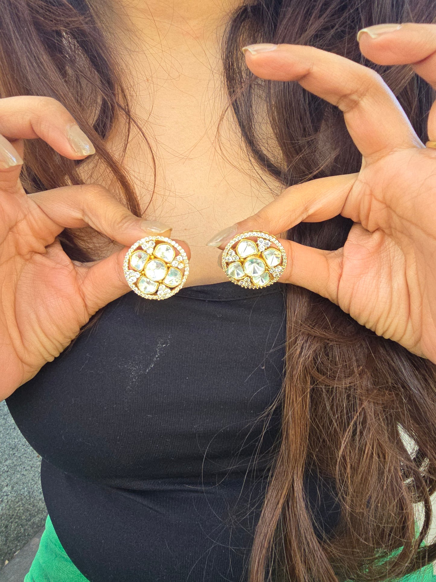 Chandni Round: Classic Polki & Moissanite Halo Statement Studs