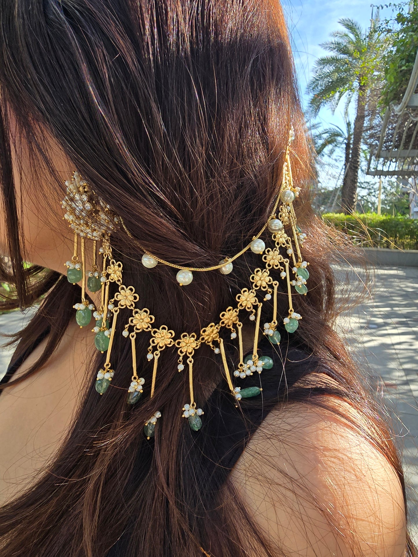 Bahubali Kundan Matt Ear Sahara Earrings with Triple-Layer Kaanchain (ear chain)