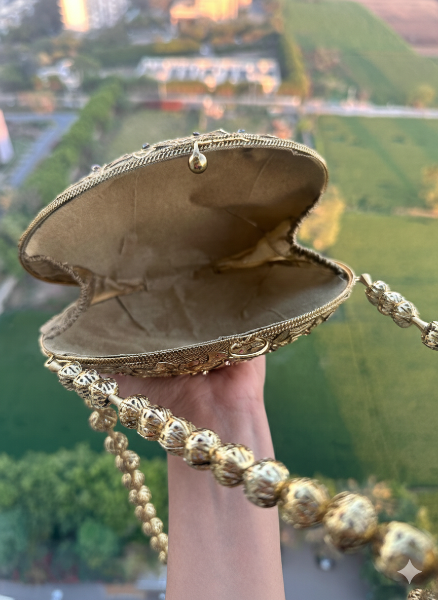 Vintage-Style Antique Gold Floral Round Clutch – Handcrafted Embellished Evening Bag with Coin Fringe & Beaded Handle – Bohemian Bridal