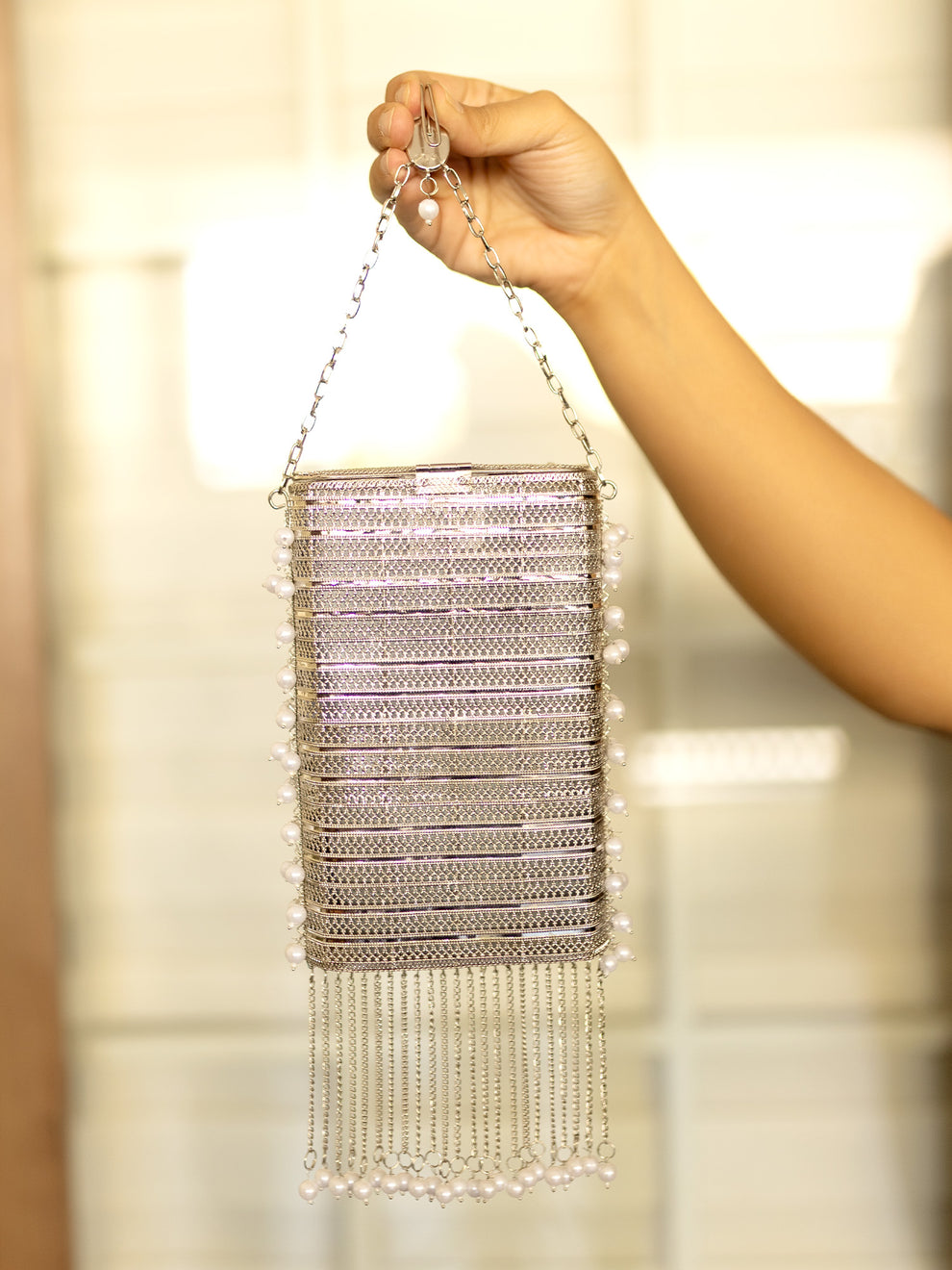 Silver Mobile pouch with fring Tassels