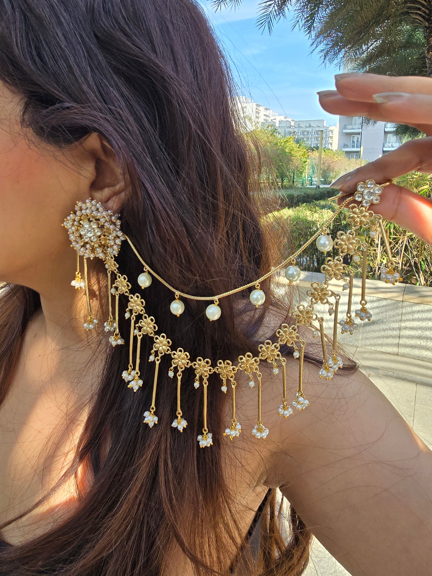 Bahubali Kundan Matt Ear Sahara Earrings with Triple-Layer Kaanchain (ear chain)