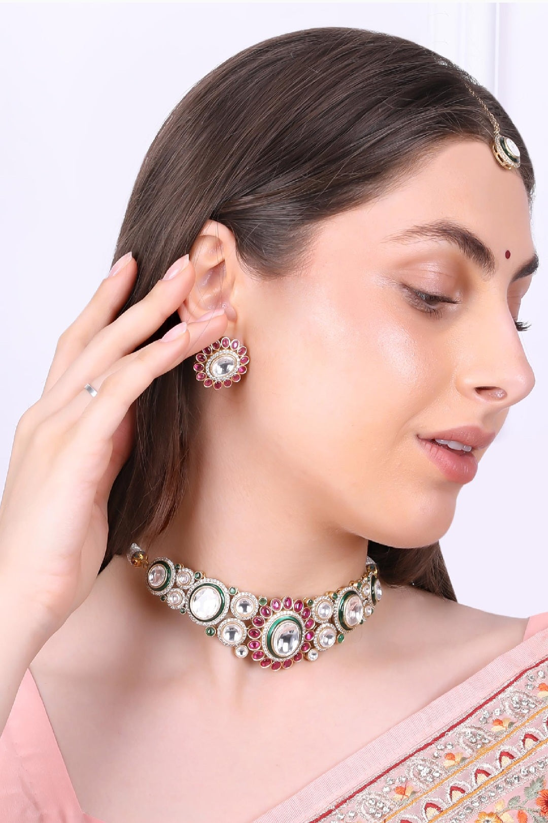 Handmade Polki Layered Set – Green Meenakari Kundan Bridal Jewelry