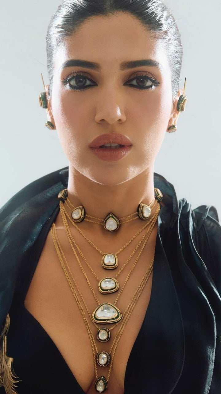 Nooraya Cascade Polki Multilayered Necklace Set (Green)