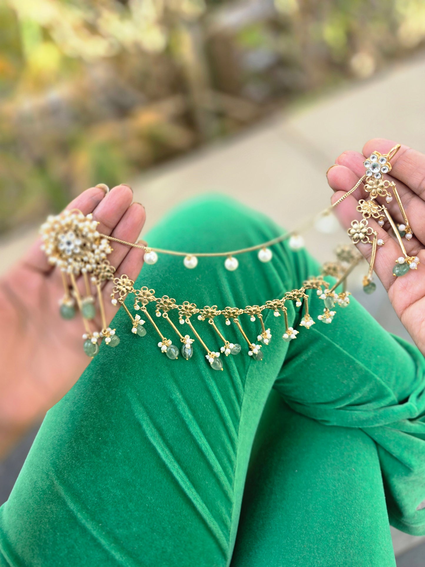 Bahubali Kundan Matt Ear Sahara Earrings with Triple-Layer Kaanchain (ear chain)