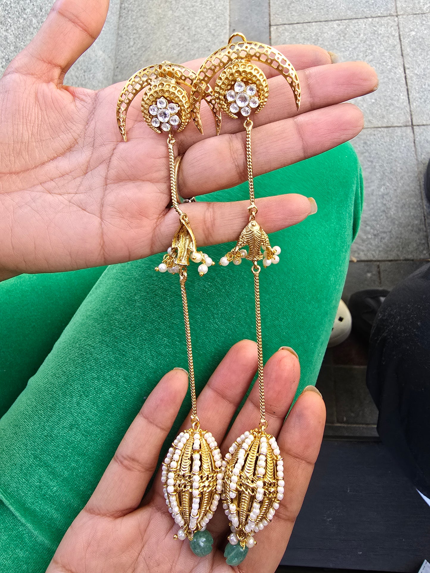 Celestial Moon & Pearl Long Drop Earrings - Extra Long Gold Jhumka Dusters - Crescent Kundan Statement Earrings - Indian Fusion Jewellery