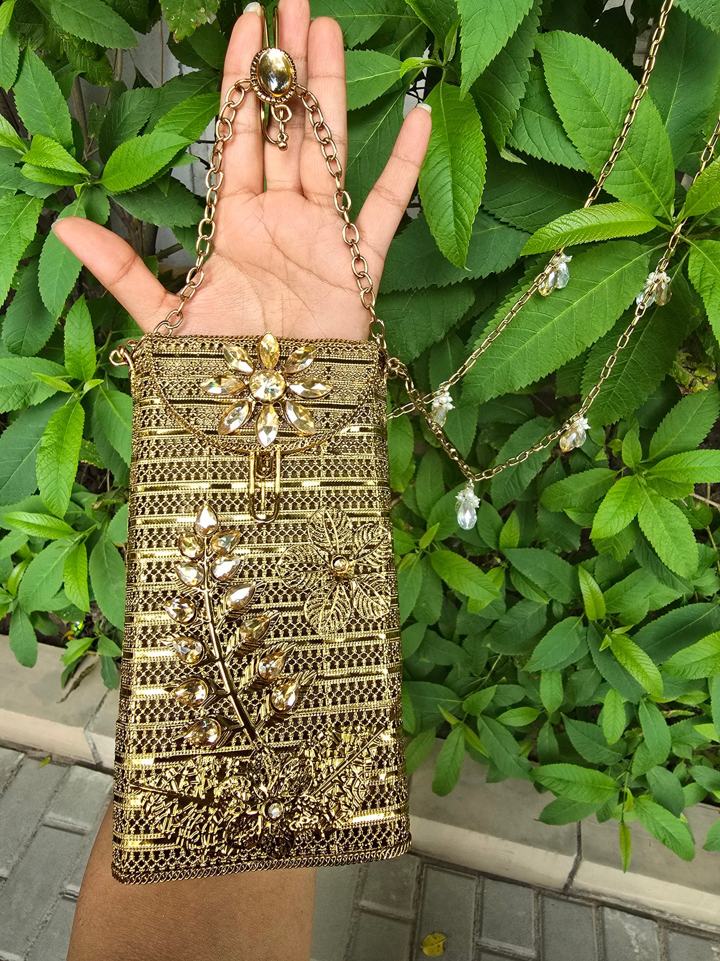 Ethnic Filigree Metal Phone Bag | 2-in-1 Waist & Crossbody Phone Pouch | Tasseled Festive Mobile Sling | Wedding Guest Gift