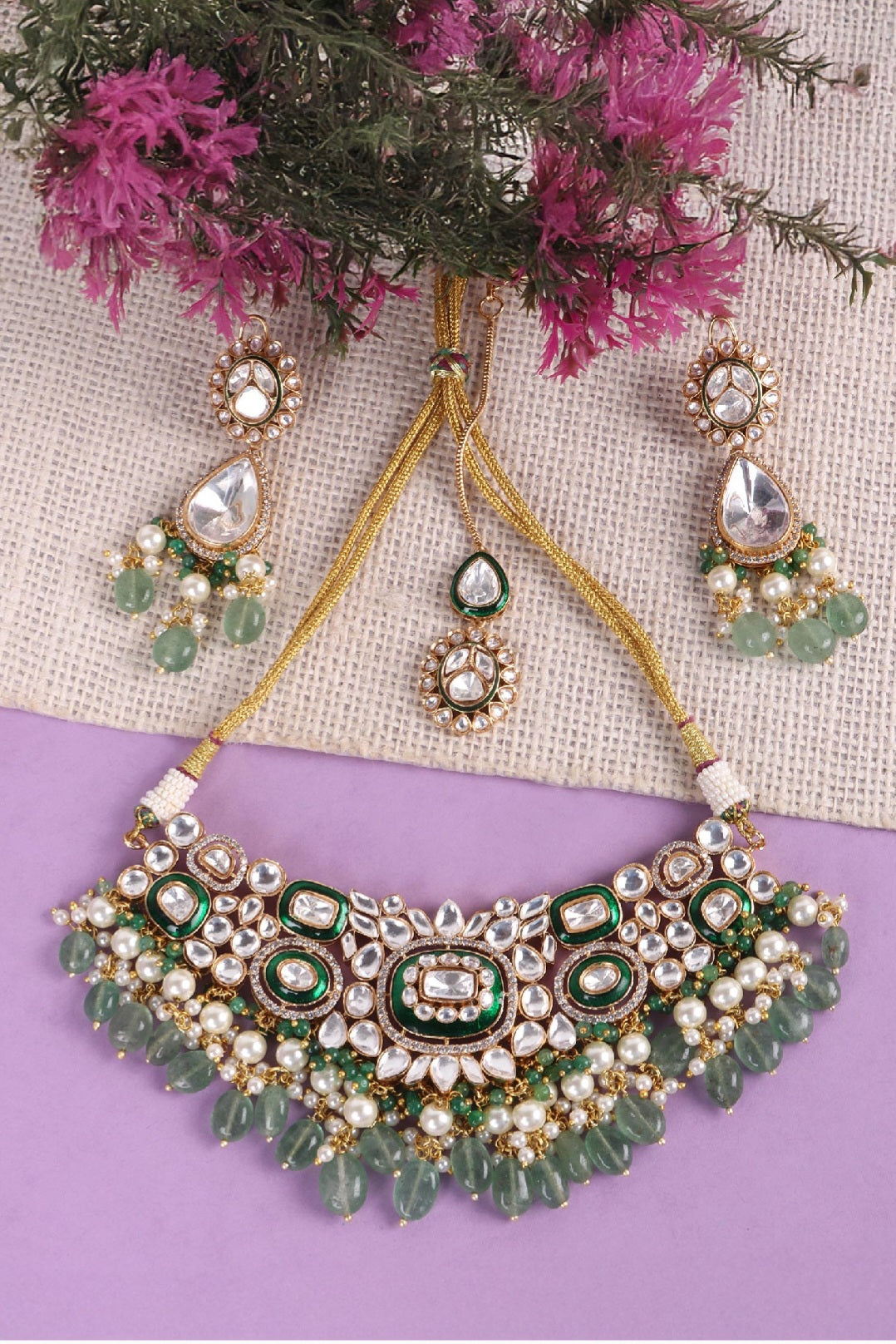 Handmade Polki Choker Set – Green Meenakari Kundan Bridal Jewelry Set