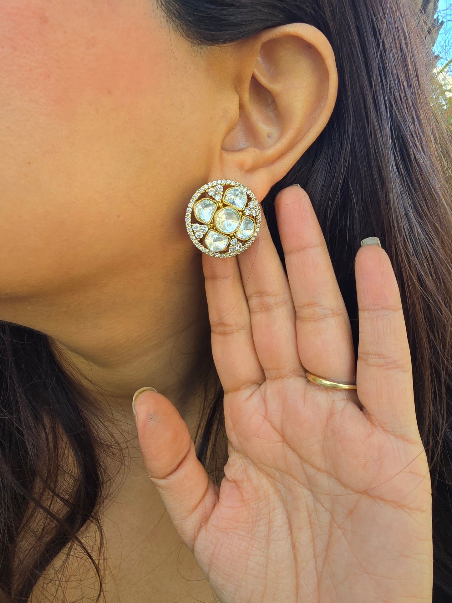 Chandni Round: Classic Polki & Moissanite Halo Statement Studs
