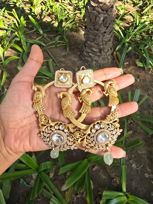 Grand Peacock Kundan Hoop Earrings - Oversized Gold Plated Chandbalis - Traditional Indian Bridal Jewelry - Earrings for Weddings