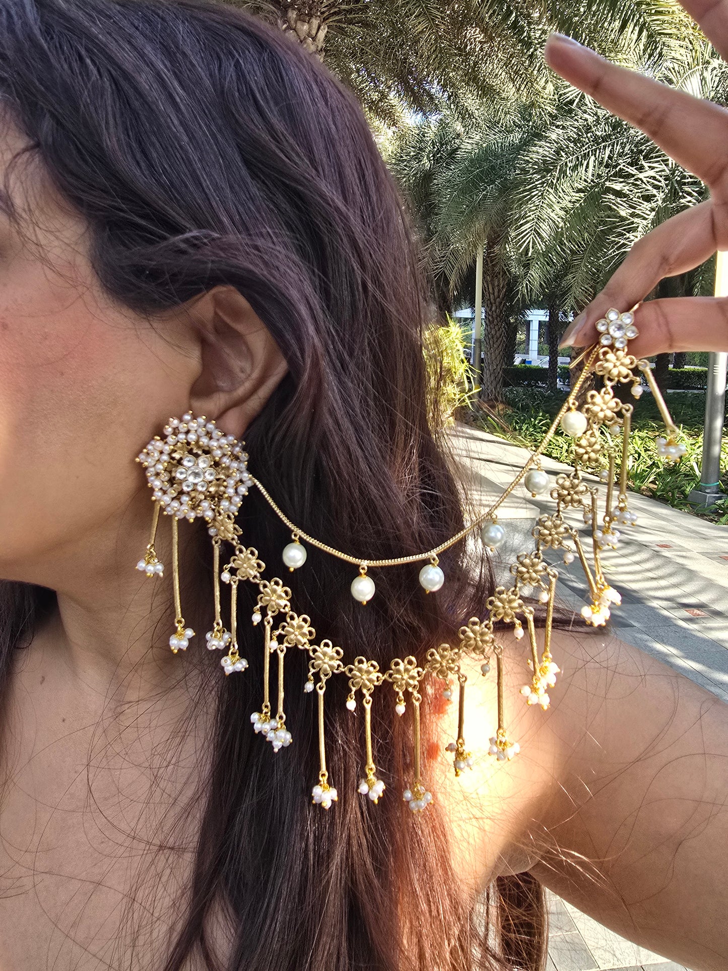 Bahubali Kundan Matt Ear Sahara Earrings with Triple-Layer Kaanchain (ear chain)