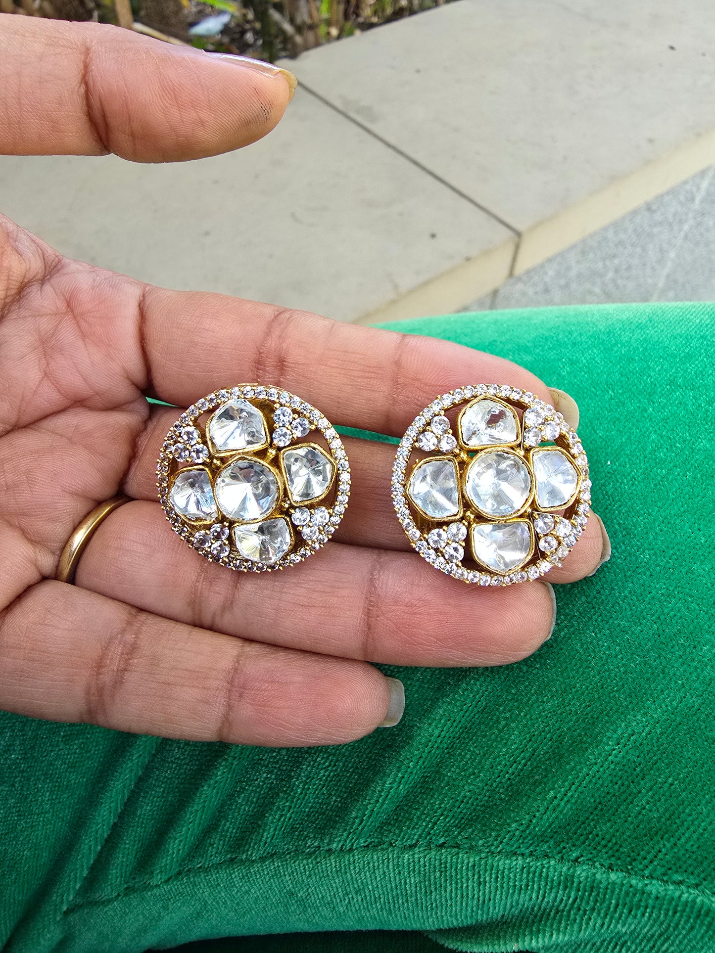 Chandni Round: Classic Polki & Moissanite Halo Statement Studs