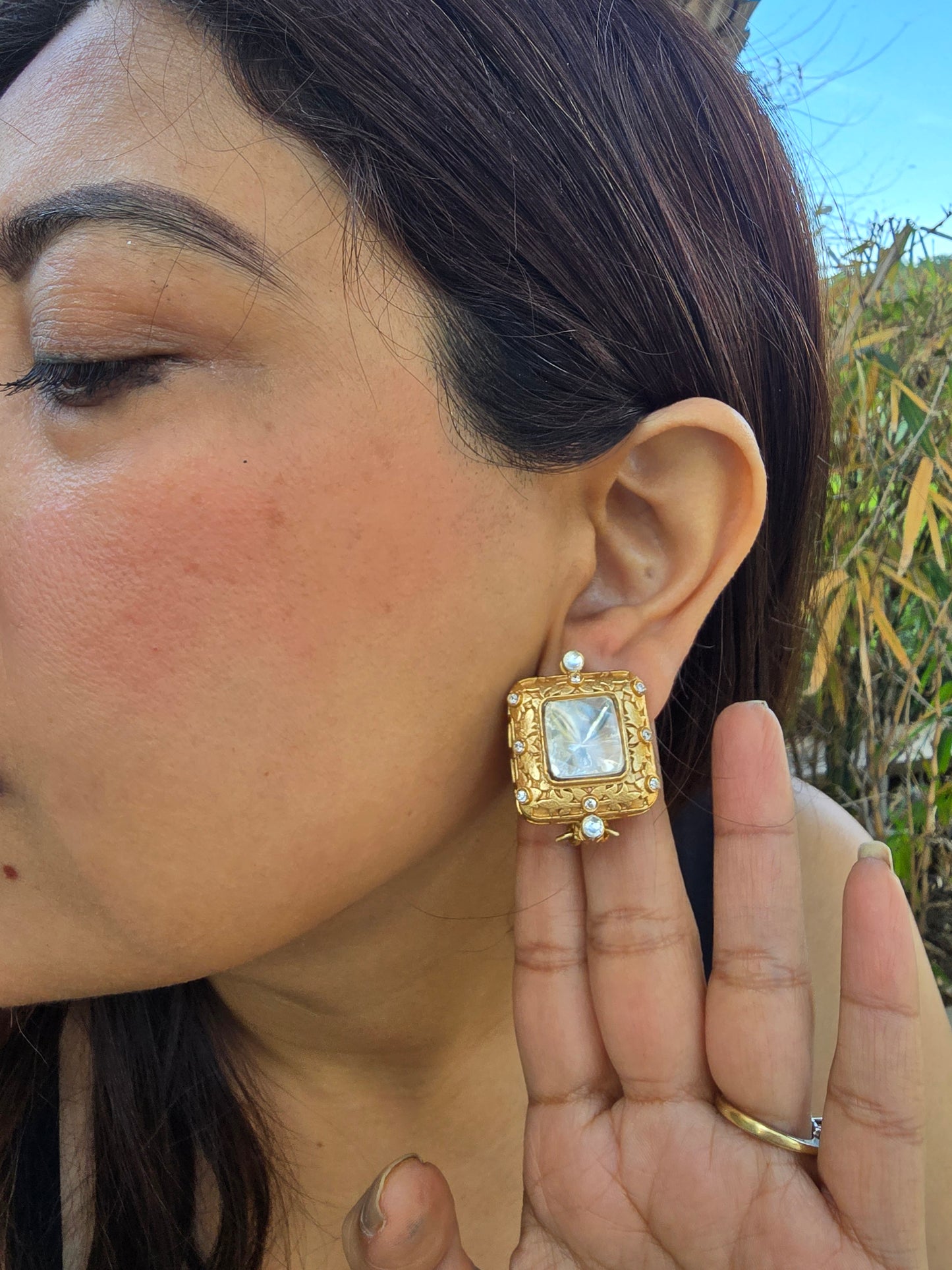 The Gilded Frame: Vintage Square Gold-Etched Studs with Large Cushion-Cut Crystal