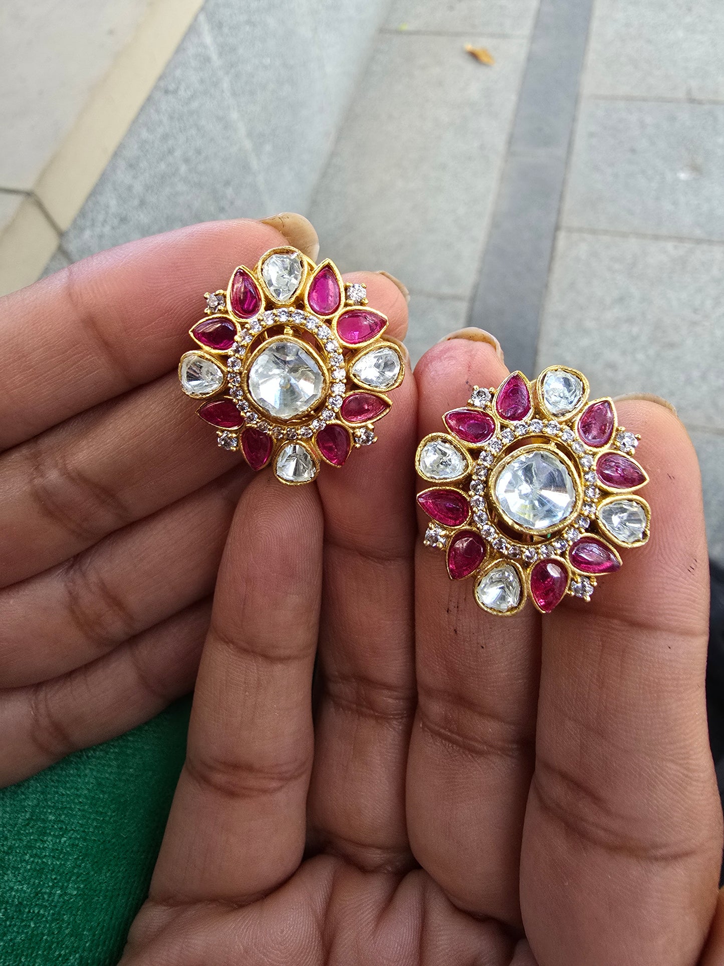 Gulabi Kiran: Ruby-Pink & Kundan Sunburst Floral Studs