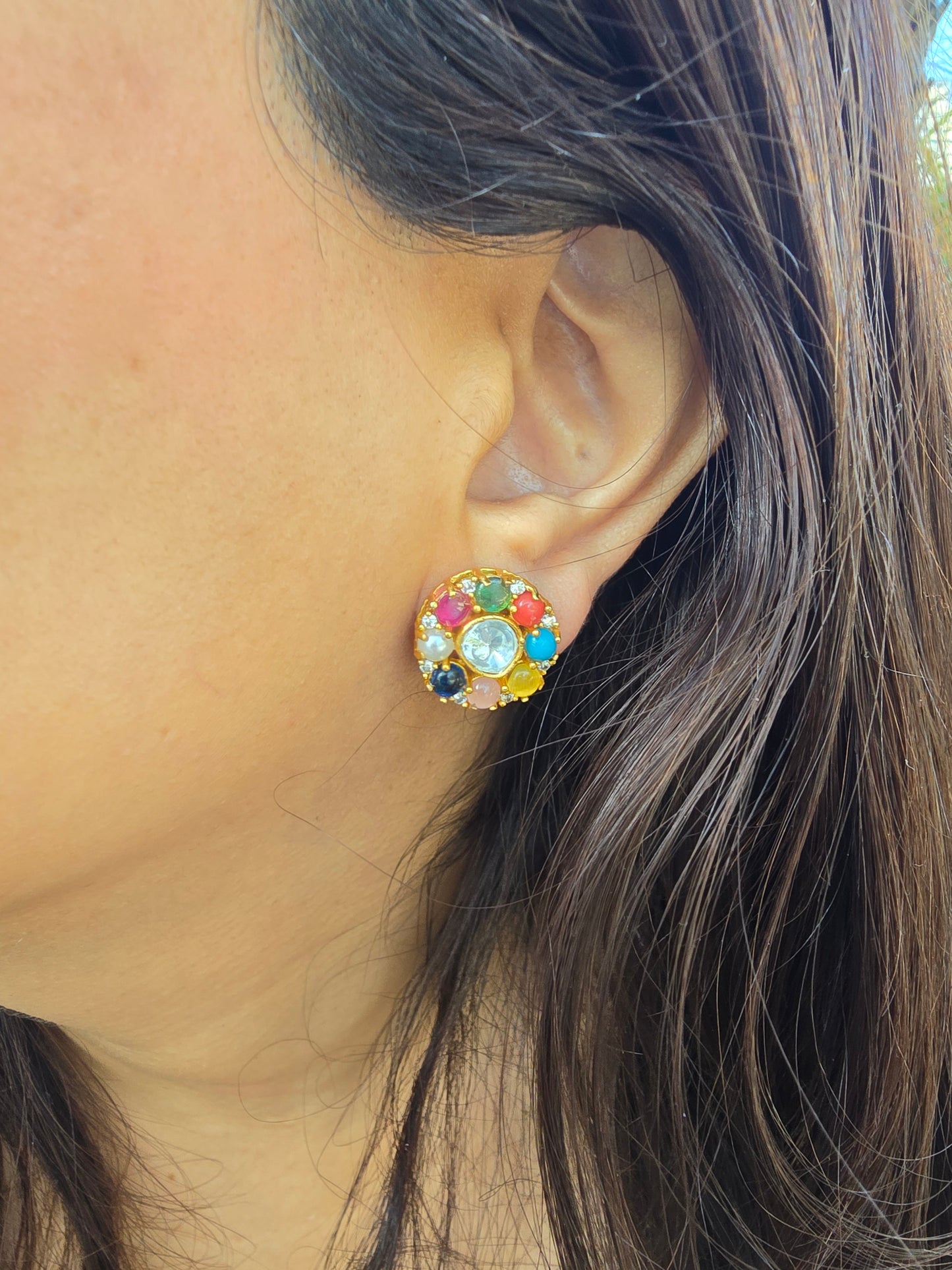 Navrangi Glow: Traditional Multi-Gemstone Navratna Style Gold Studs
