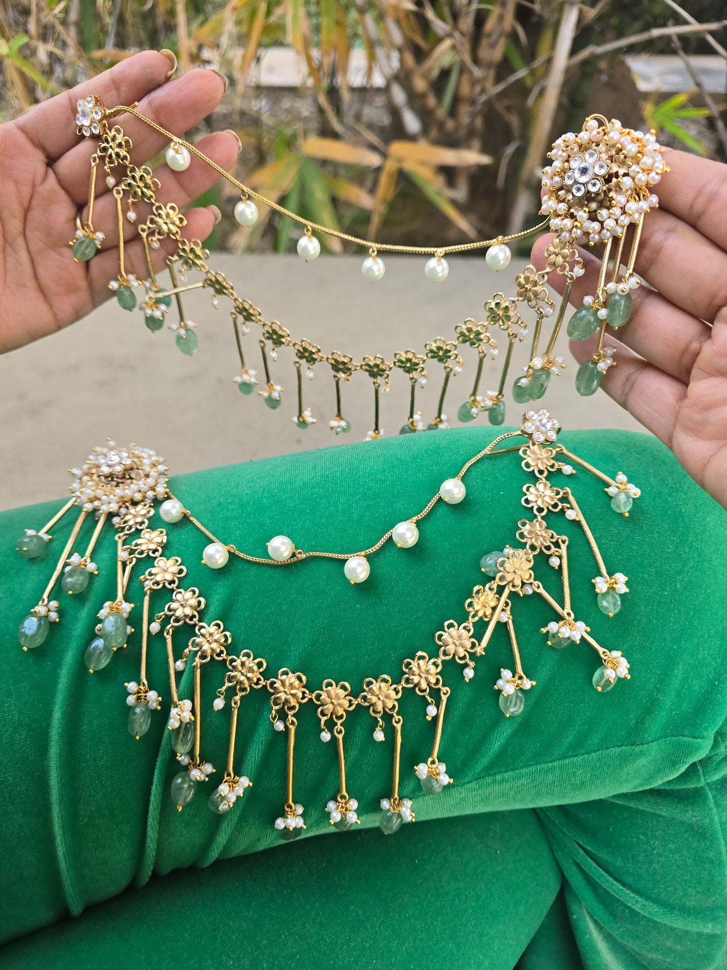 Bahubali Kundan Matt Ear Sahara Earrings with Triple-Layer Kaanchain (ear chain)