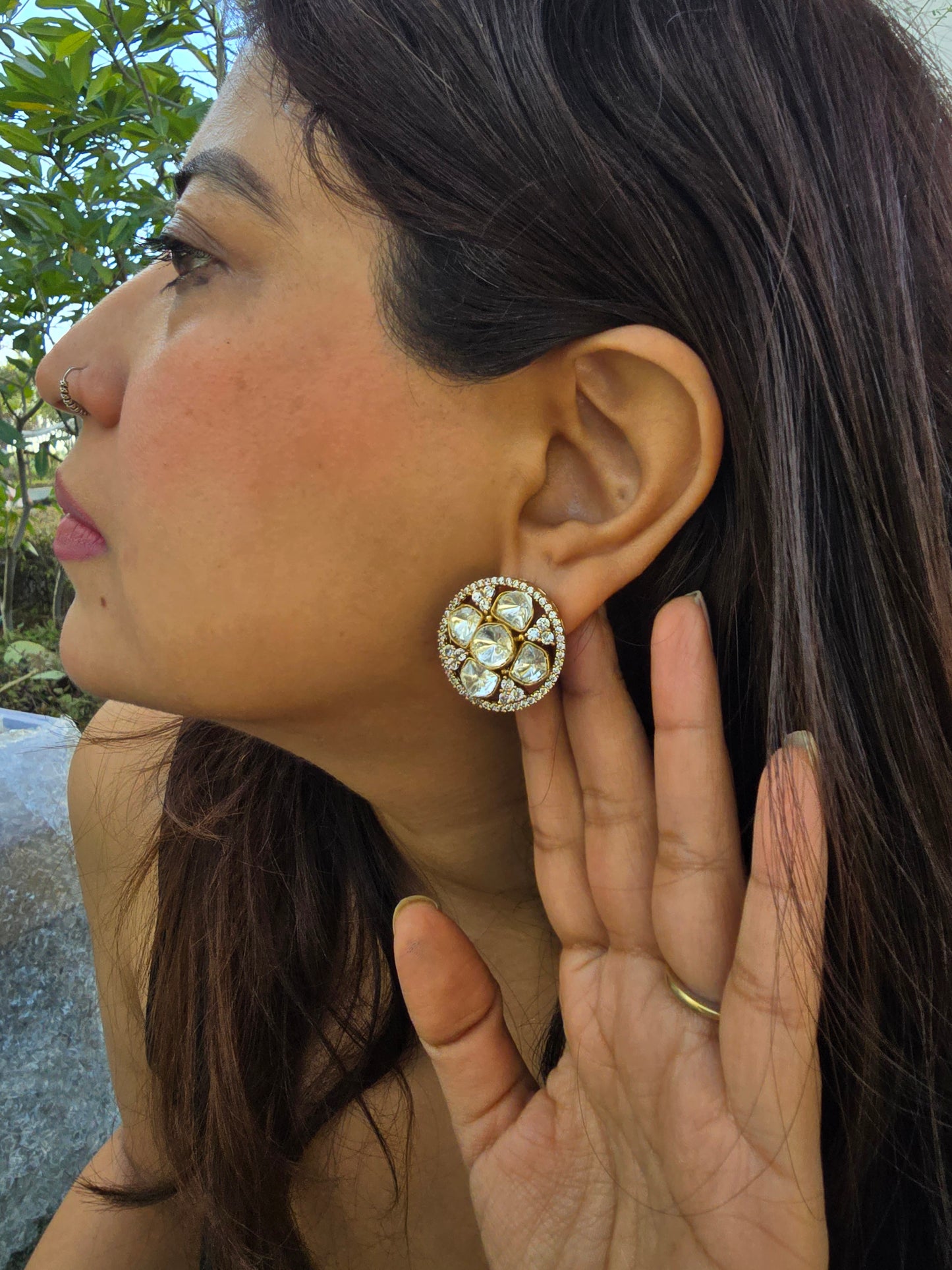 Chandni Round: Classic Polki & Moissanite Halo Statement Studs