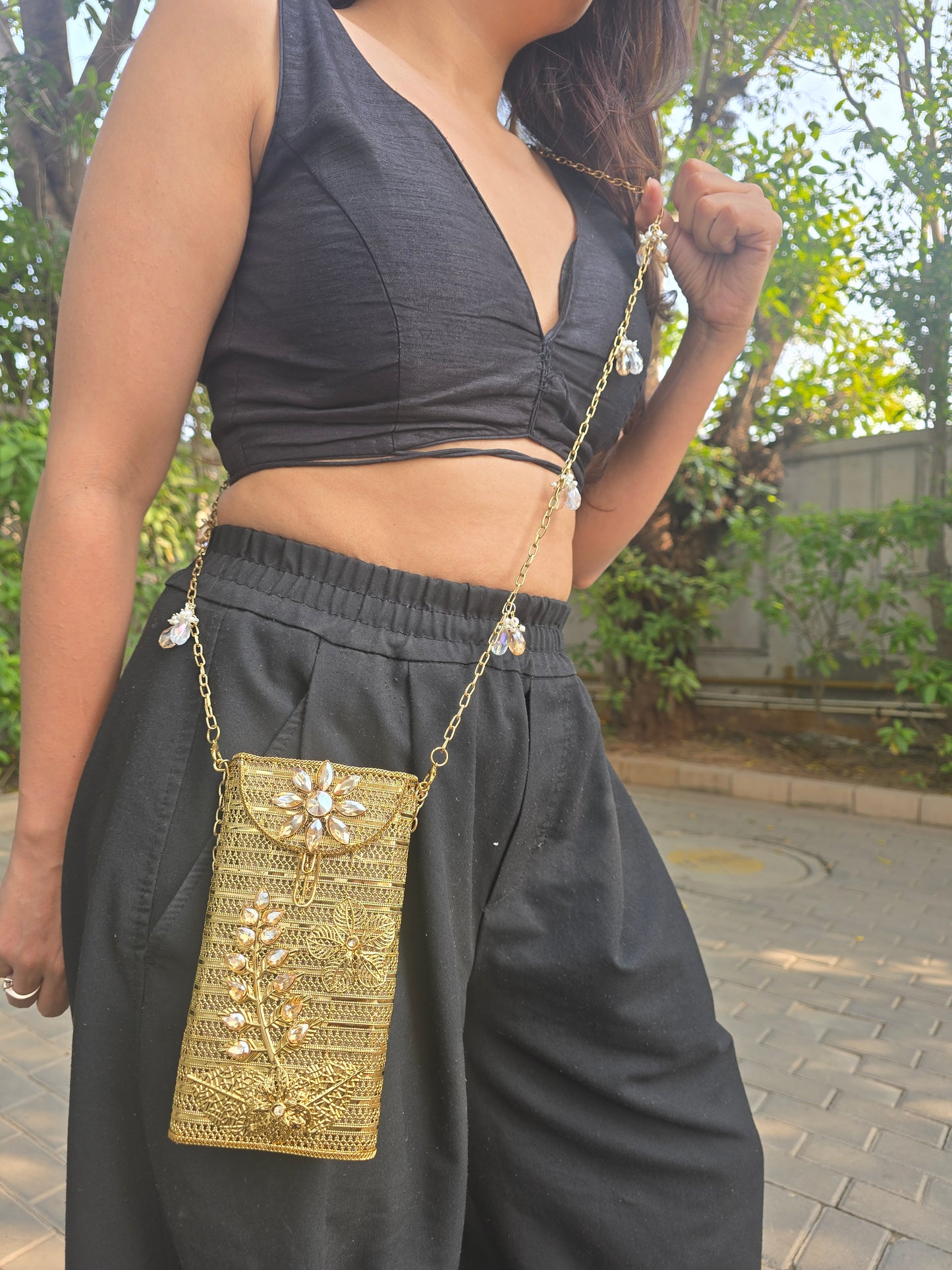 Ethnic Filigree Metal Phone Bag | 2-in-1 Waist & Crossbody Phone Pouch | Tasseled Festive Mobile Sling | Wedding Guest Gift