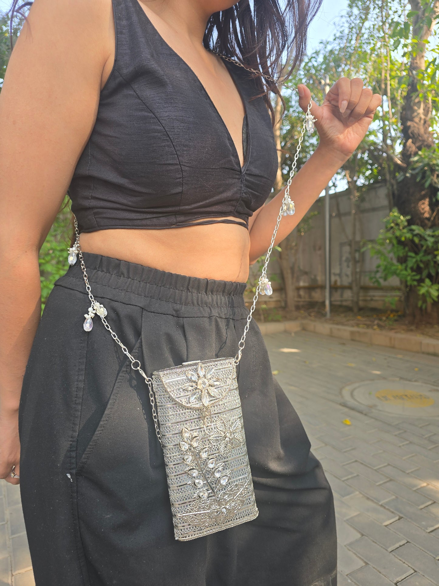 Ethnic Filigree Metal Phone Bag | 2-in-1 Waist & Crossbody Phone Pouch | Tasseled Festive Mobile Sling | Wedding Guest Gift