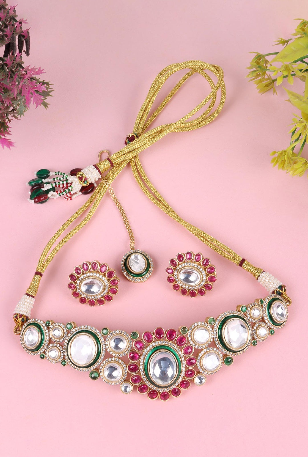 Handmade Polki Layered Set – Green Meenakari Kundan Bridal Jewelry