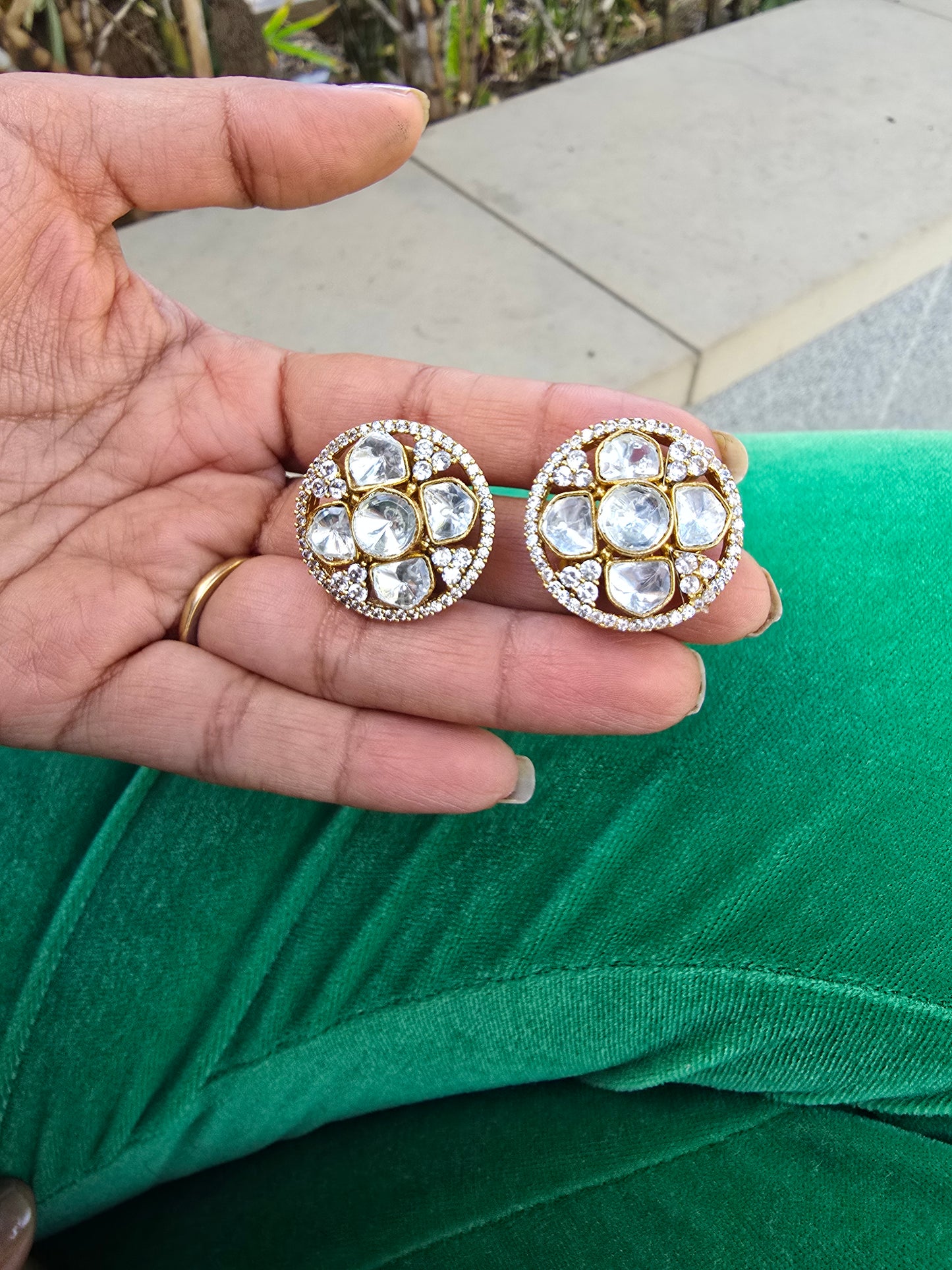 Chandni Round: Classic Polki & Moissanite Halo Statement Studs