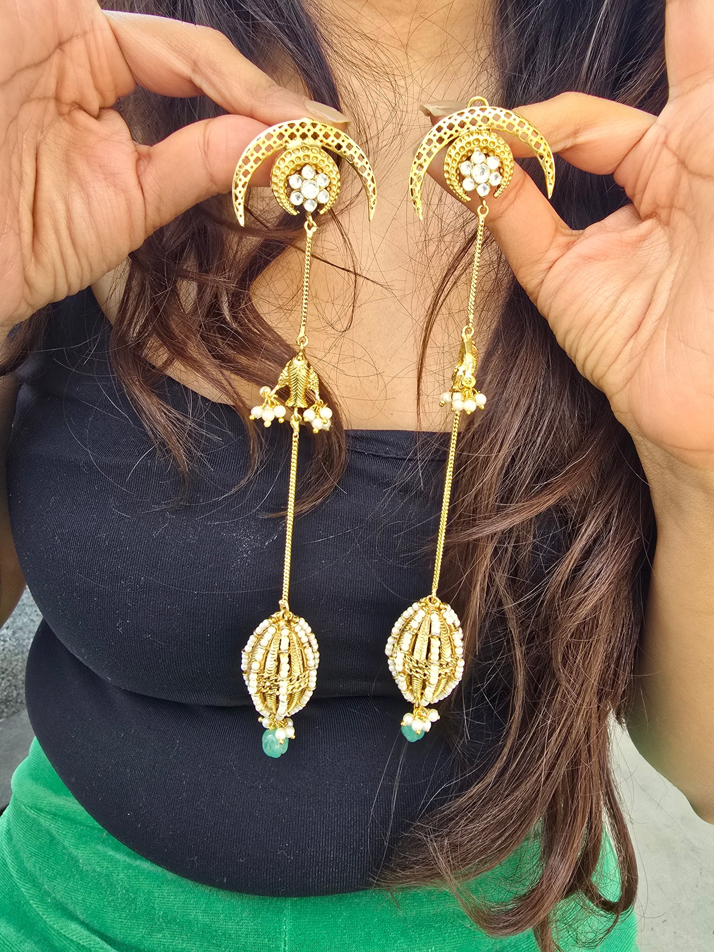 Celestial Moon & Pearl Long Drop Earrings - Extra Long Gold Jhumka Dusters - Crescent Kundan Statement Earrings - Indian Fusion Jewellery