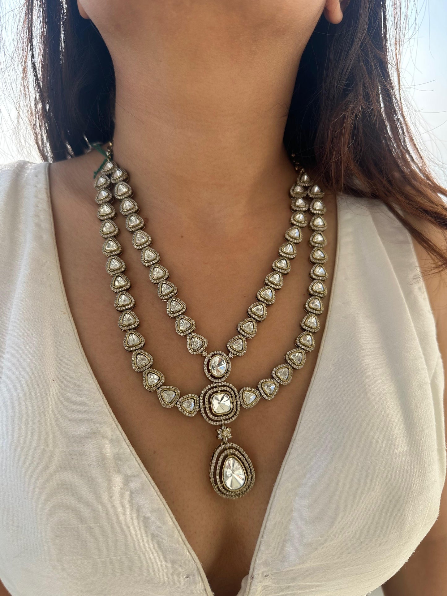 Uncut polki Mossainite Double layer Necklace Set