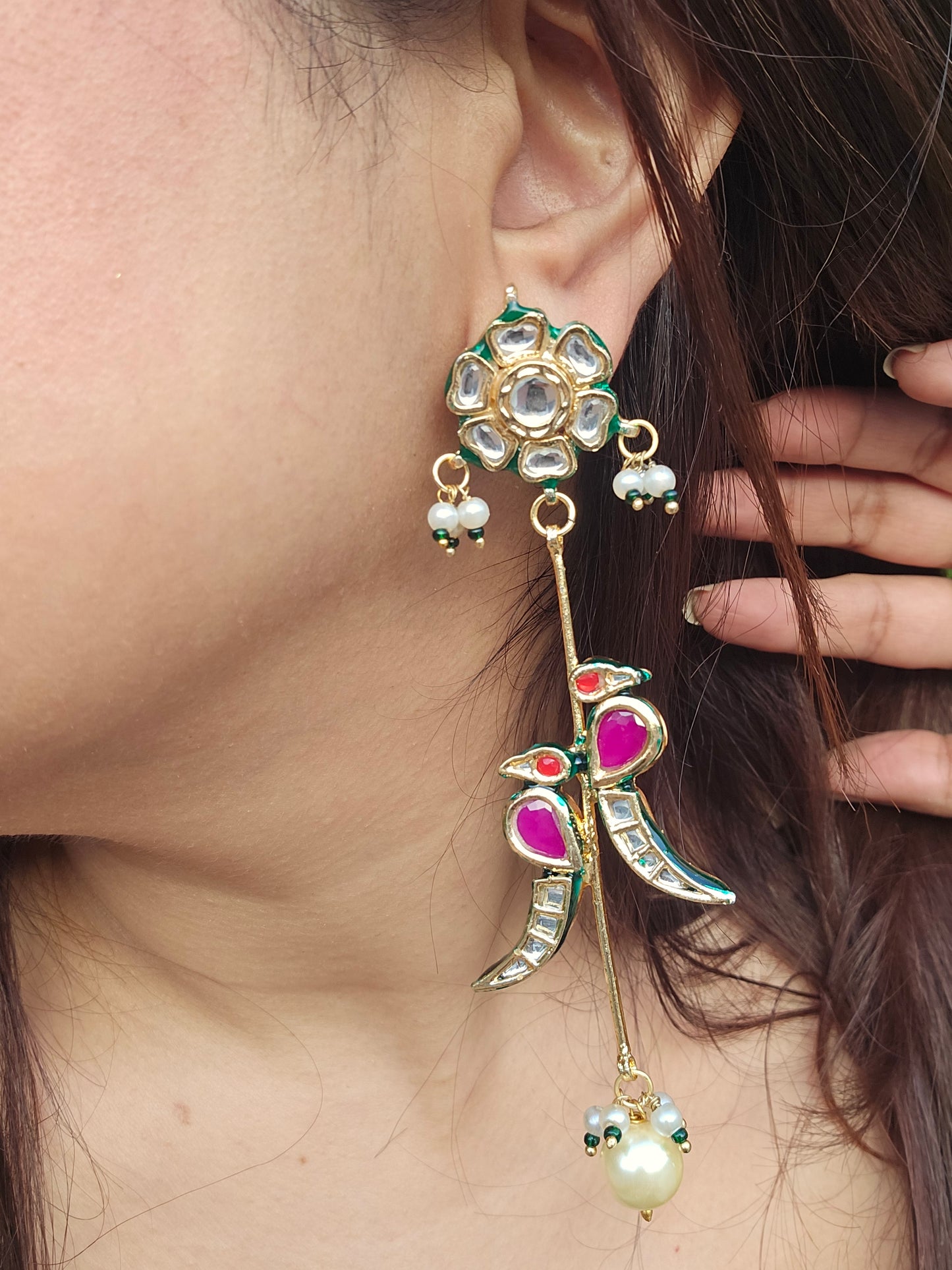 Tota Maina Kundan Enamel Earrings