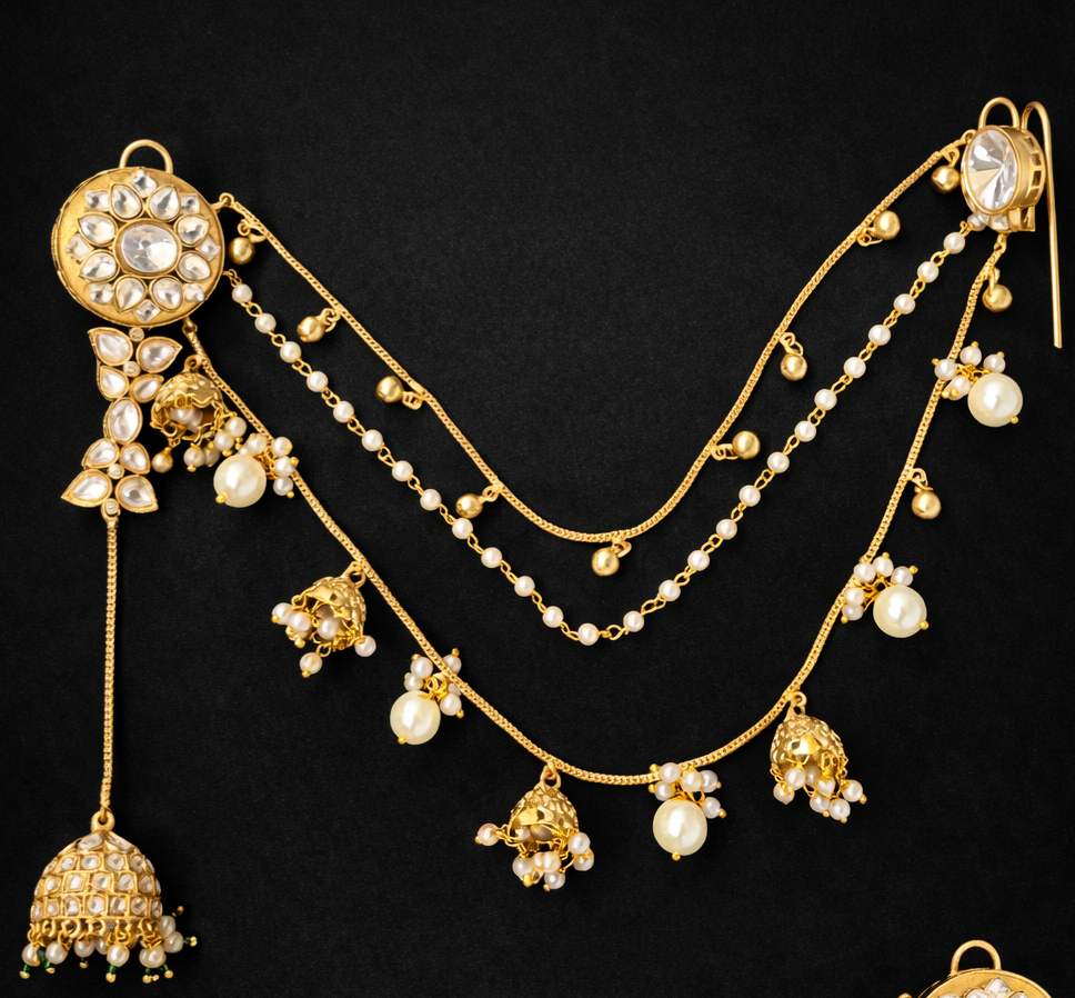 Bahubali Kundan Matt Ear Sahara Earrings with Triple-Layer Kaanchain (Ear Chain)