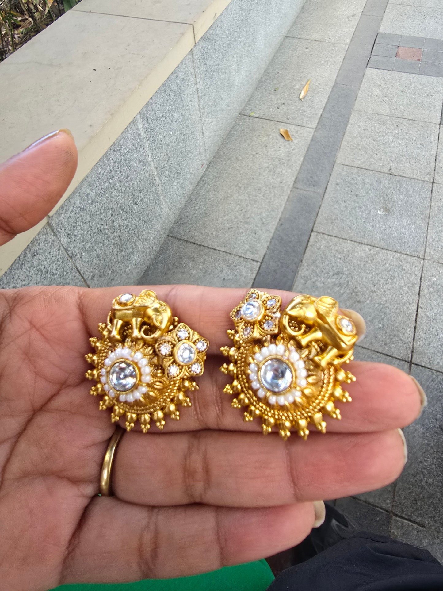 Antique Gold Elephant Motif Studs with Kundan & Pearl Accents