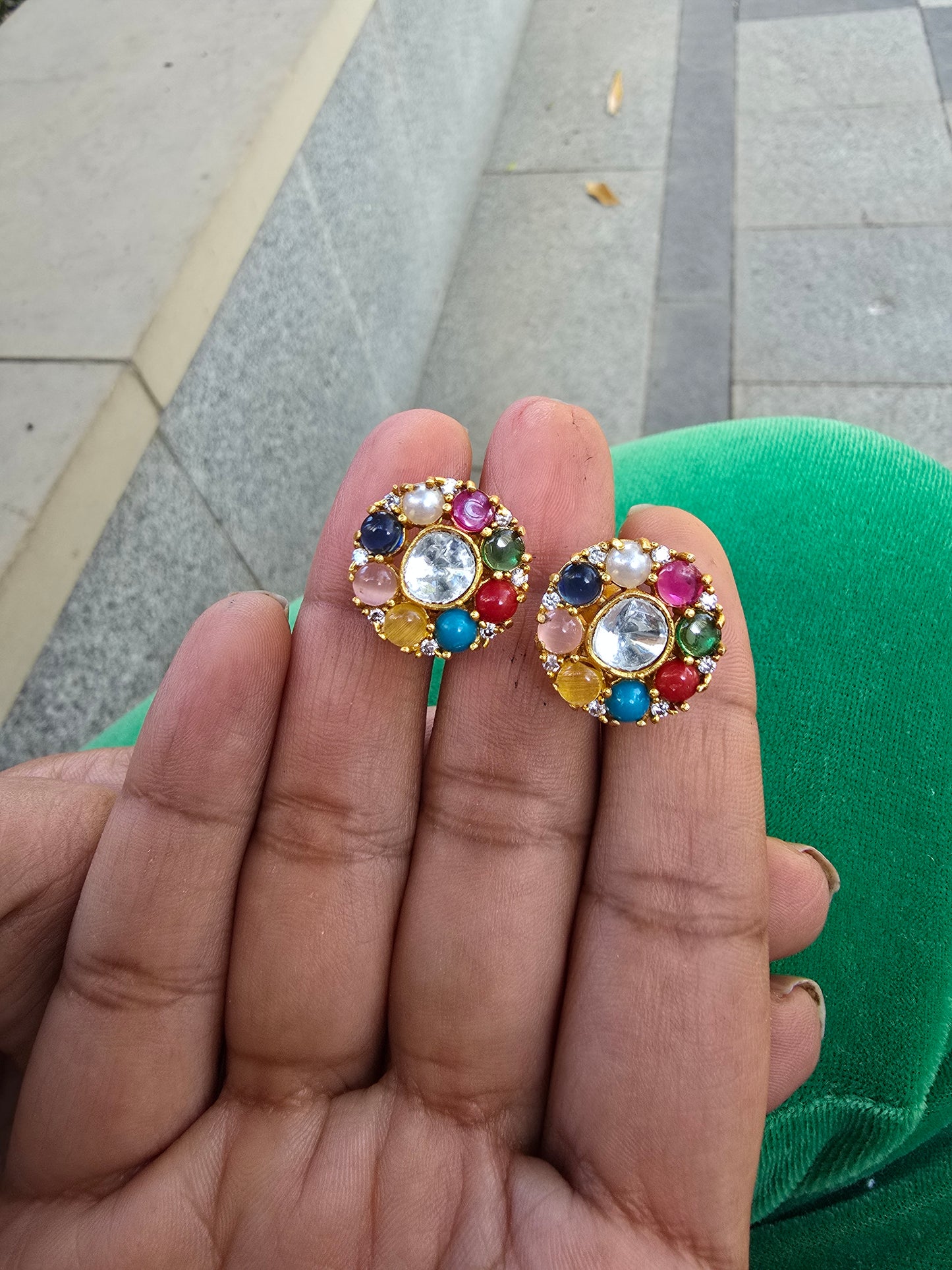 Navrangi Glow: Traditional Multi-Gemstone Navratna Style Gold Studs