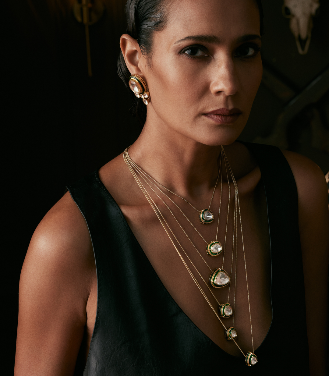 Nooraya Cascade Polki Multilayered Necklace Set (Green)