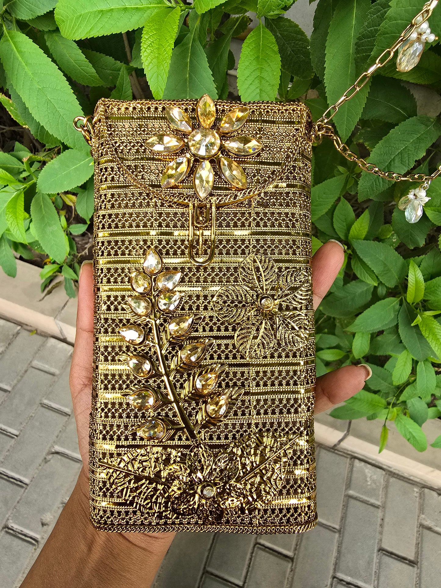 Ethnic Filigree Metal Phone Bag | 2-in-1 Waist & Crossbody Phone Pouch | Tasseled Festive Mobile Sling | Wedding Guest Gift