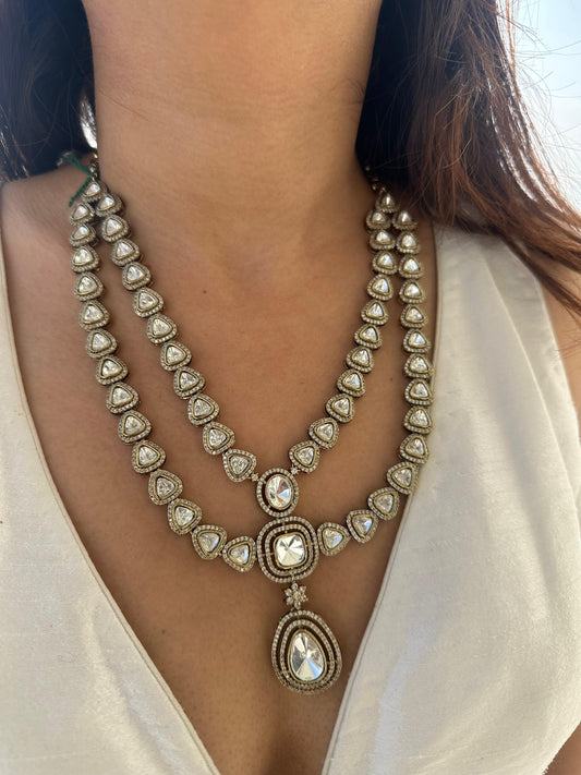 Uncut polki Mossainite Double layer Necklace Set