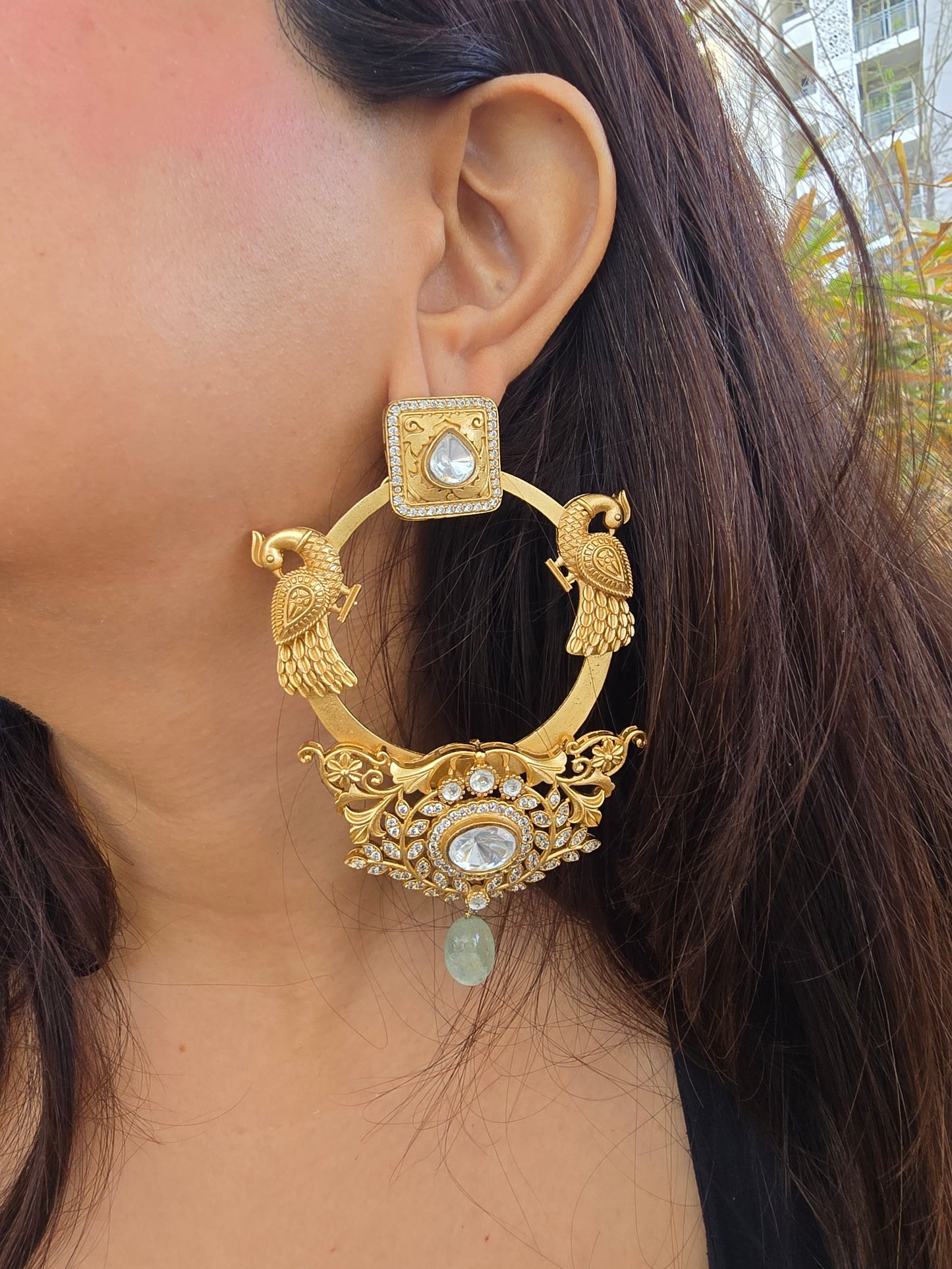 Grand Peacock Kundan Hoop Earrings - Oversized Gold Plated Chandbalis - Traditional Indian Bridal Jewelry - Earrings for Weddings