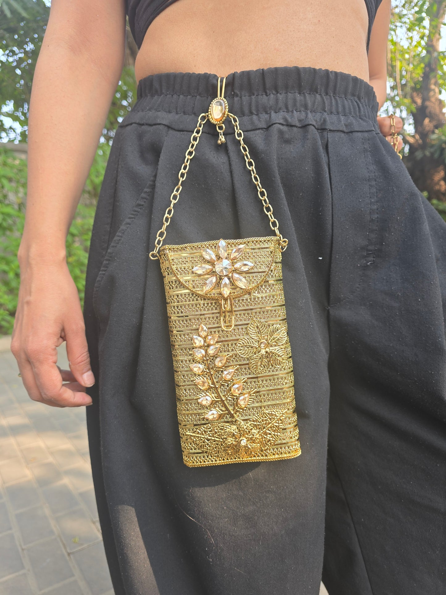 Ethnic Filigree Metal Phone Bag | 2-in-1 Waist & Crossbody Phone Pouch | Tasseled Festive Mobile Sling | Wedding Guest Gift