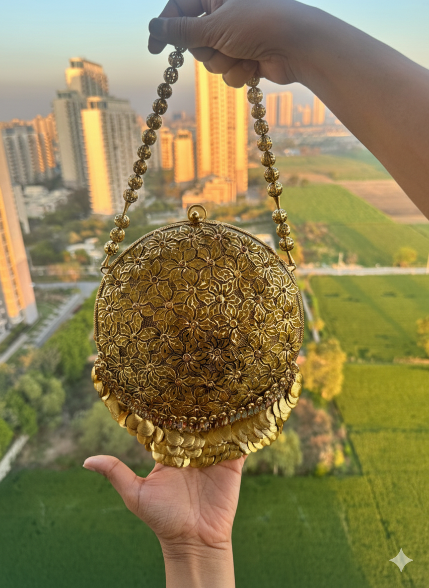 Vintage-Style Antique Gold Floral Round Clutch – Handcrafted Embellished Evening Bag with Coin Fringe & Beaded Handle – Bohemian Bridal