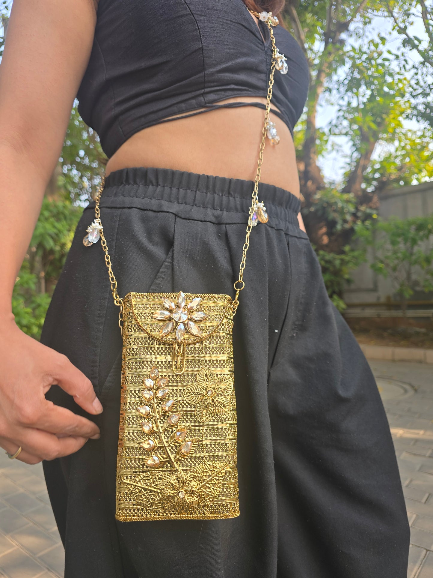 Ethnic Filigree Metal Phone Bag | 2-in-1 Waist & Crossbody Phone Pouch | Tasseled Festive Mobile Sling | Wedding Guest Gift