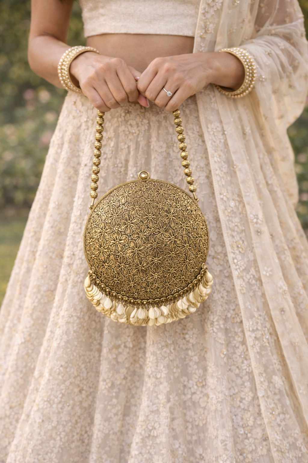 Vintage-Style Antique Gold Floral Round Clutch – Handcrafted Embellished Evening Bag with Coin Fringe & Beaded Handle – Bohemian Bridal