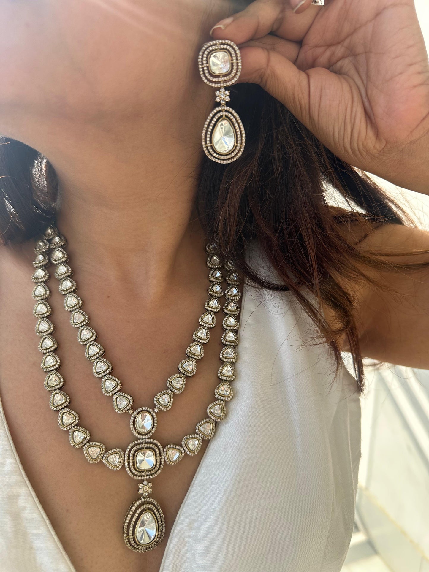 Uncut polki Mossainite Double layer Necklace Set