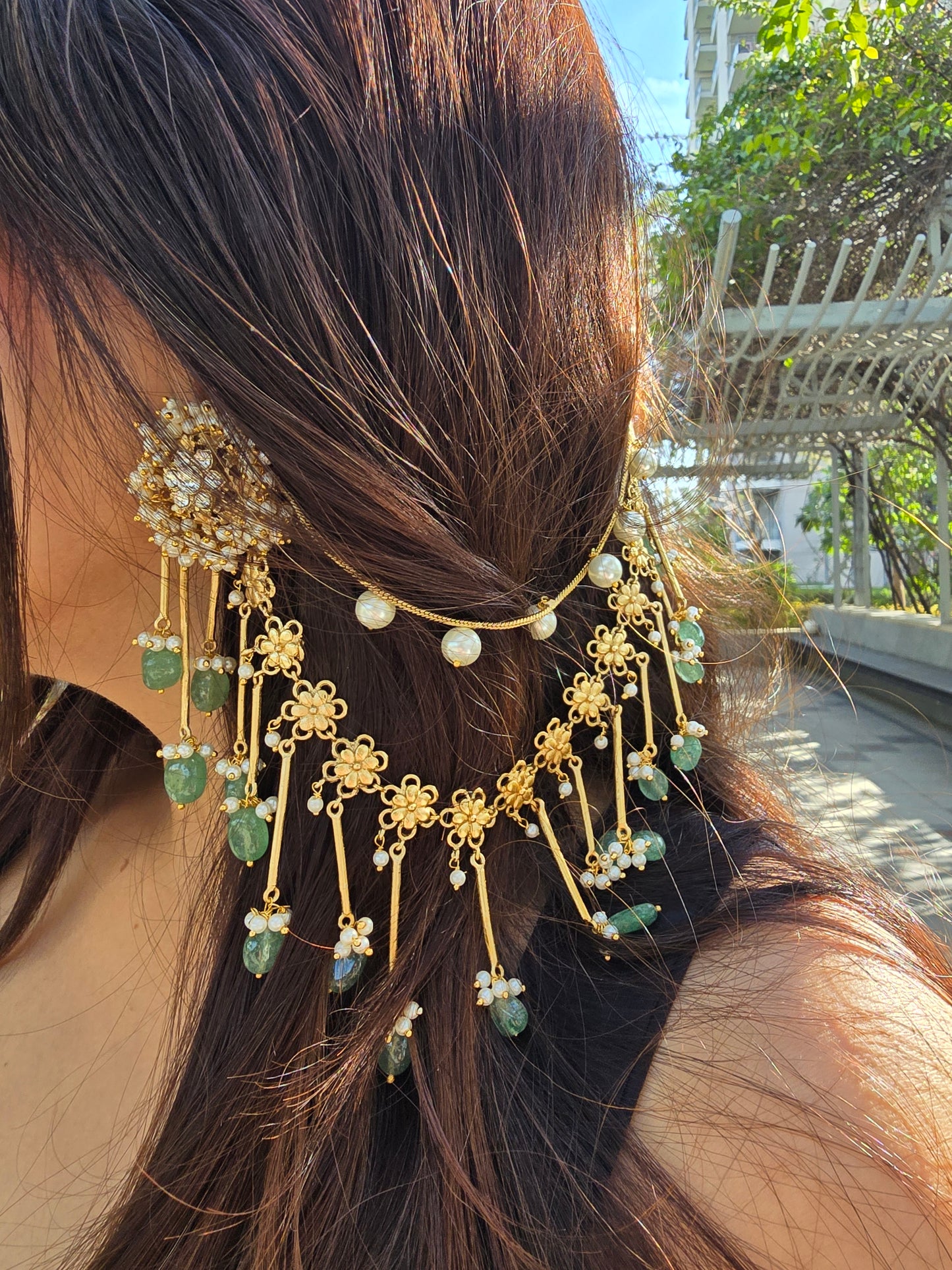 Bahubali Kundan Matt Ear Sahara Earrings with Triple-Layer Kaanchain (ear chain)