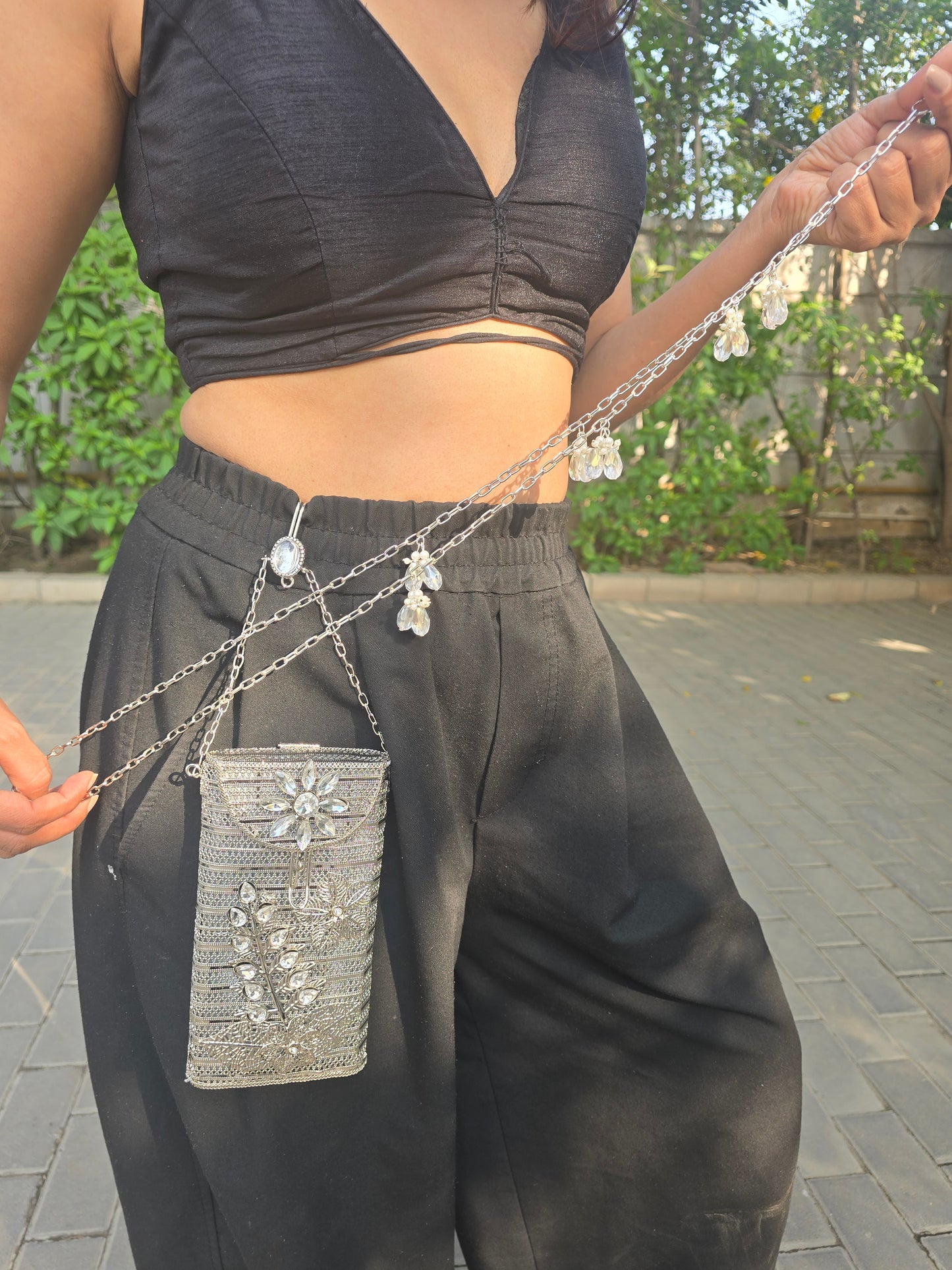 Ethnic Filigree Metal Phone Bag | 2-in-1 Waist & Crossbody Phone Pouch | Tasseled Festive Mobile Sling | Wedding Guest Gift