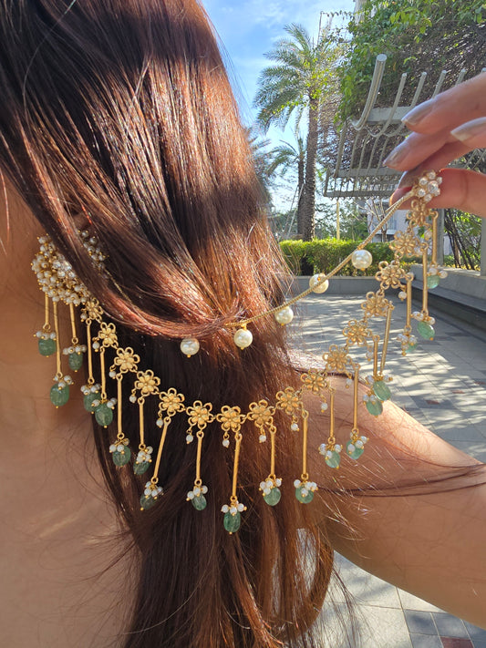 Bahubali Kundan Matt Ear Sahara Earrings with Triple-Layer Kaanchain (ear chain)