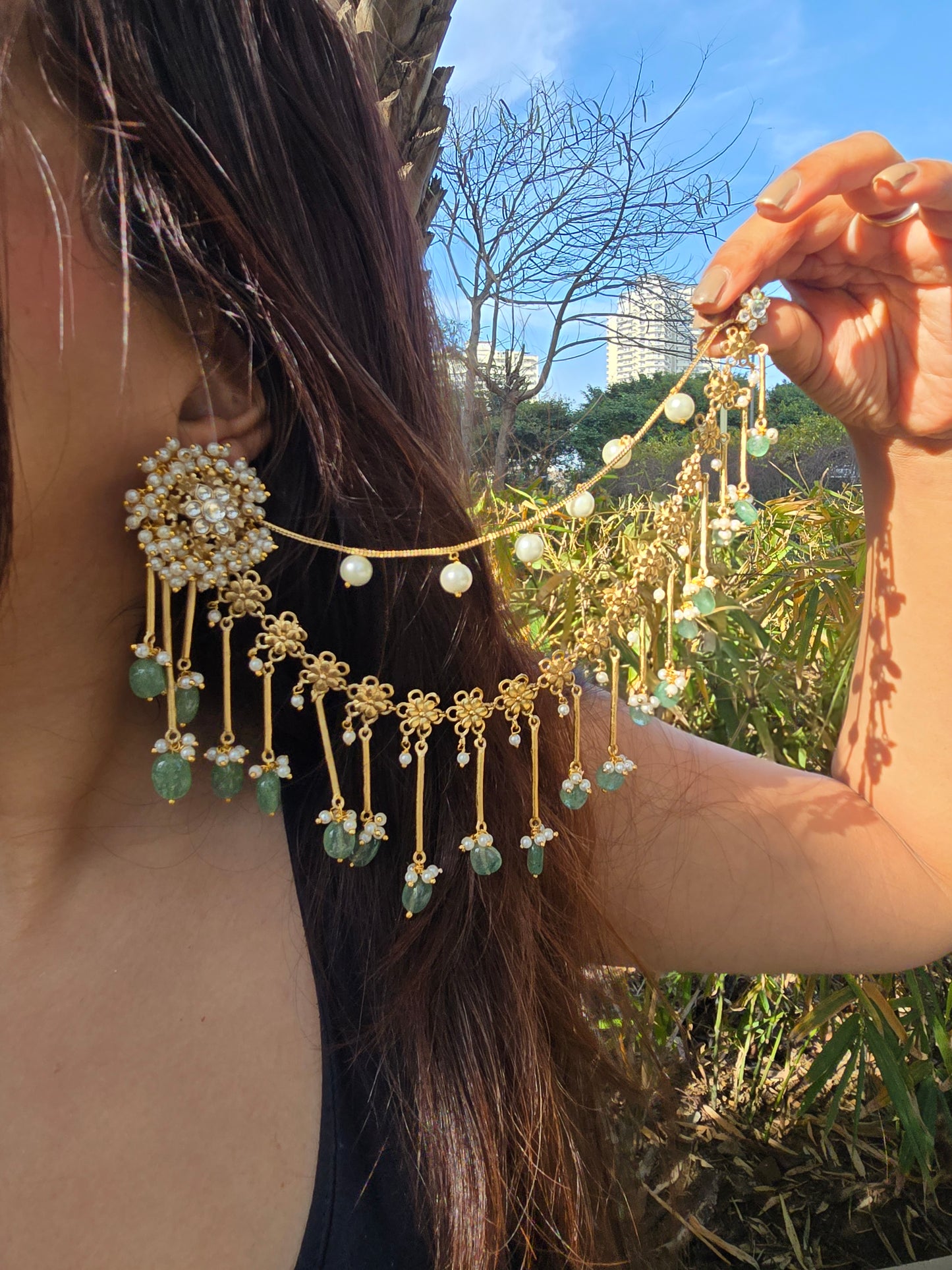 Bahubali Kundan Matt Ear Sahara Earrings with Triple-Layer Kaanchain (ear chain)