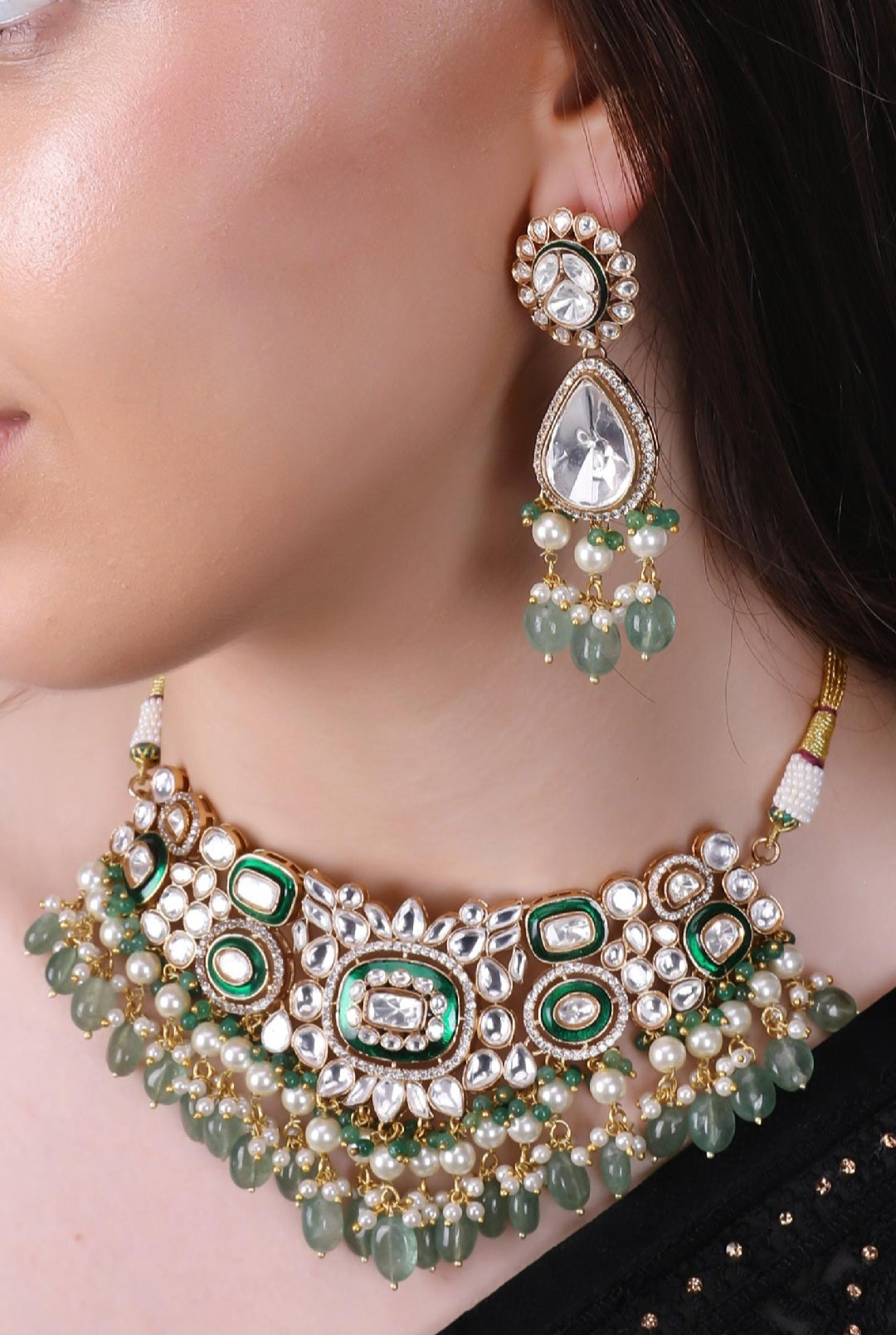 Handmade Polki Choker Set – Green Meenakari Kundan Bridal Jewelry Set