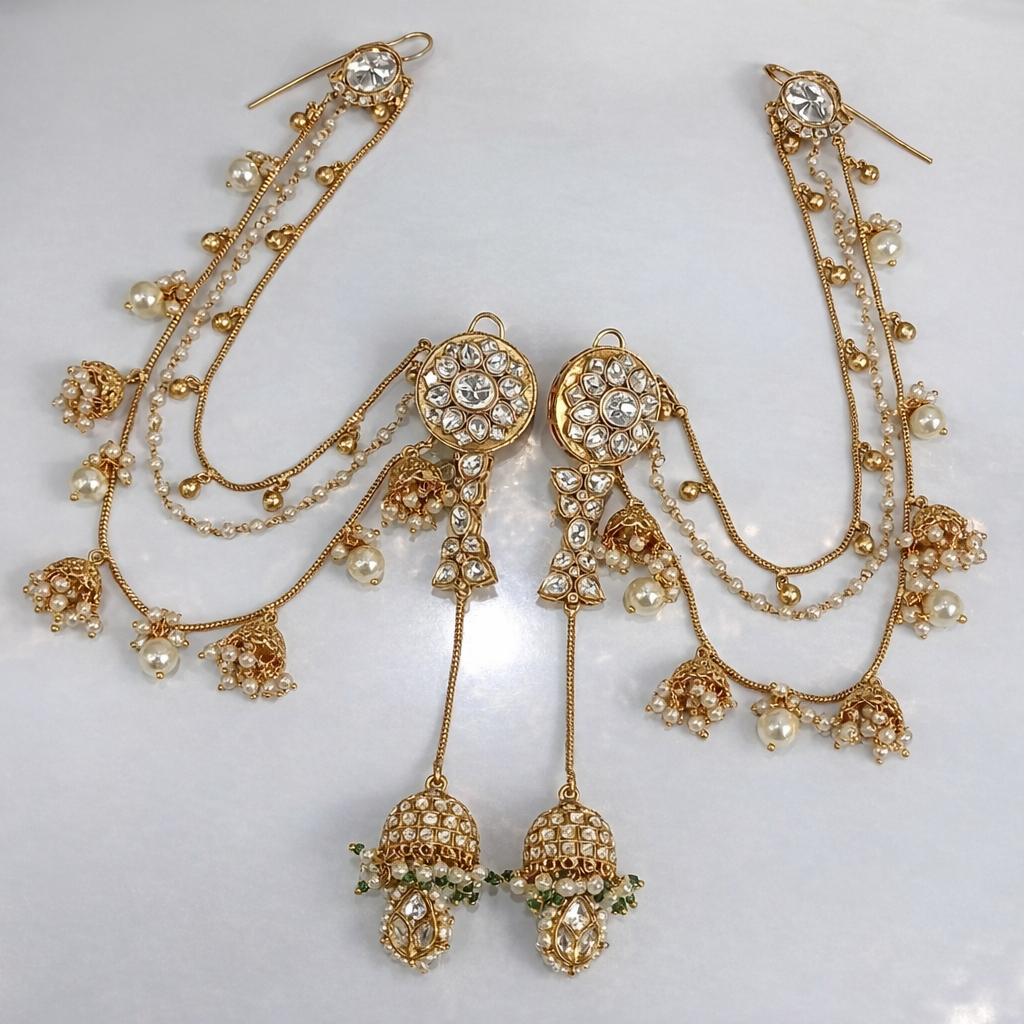 Bahubali Kundan Matt Ear Sahara Earrings with Triple-Layer Kaanchain (Ear Chain)