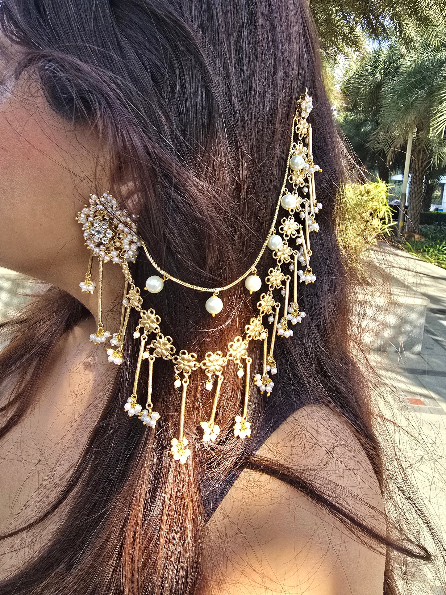 Bahubali Kundan Matt Ear Sahara Earrings with Triple-Layer Kaanchain (ear chain)