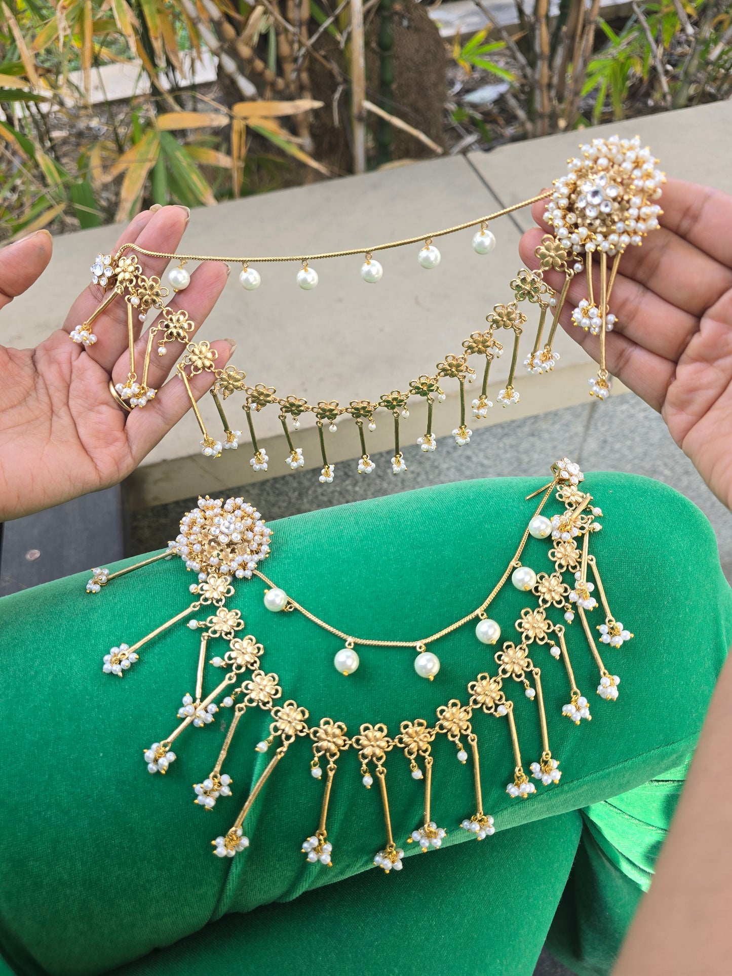 Bahubali Kundan Matt Ear Sahara Earrings with Triple-Layer Kaanchain (ear chain)