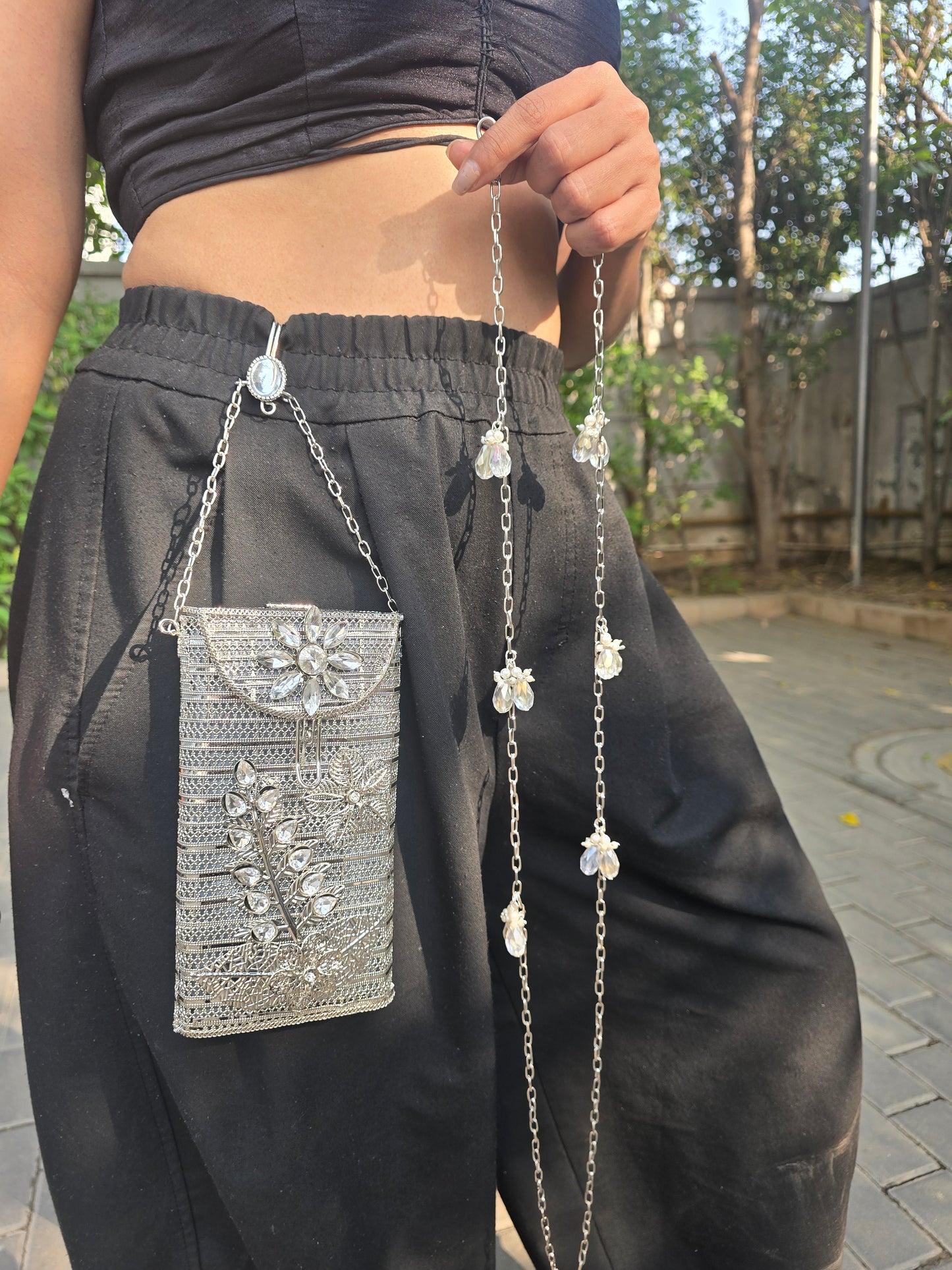 Ethnic Filigree Metal Phone Bag | 2-in-1 Waist & Crossbody Phone Pouch | Tasseled Festive Mobile Sling | Wedding Guest Gift