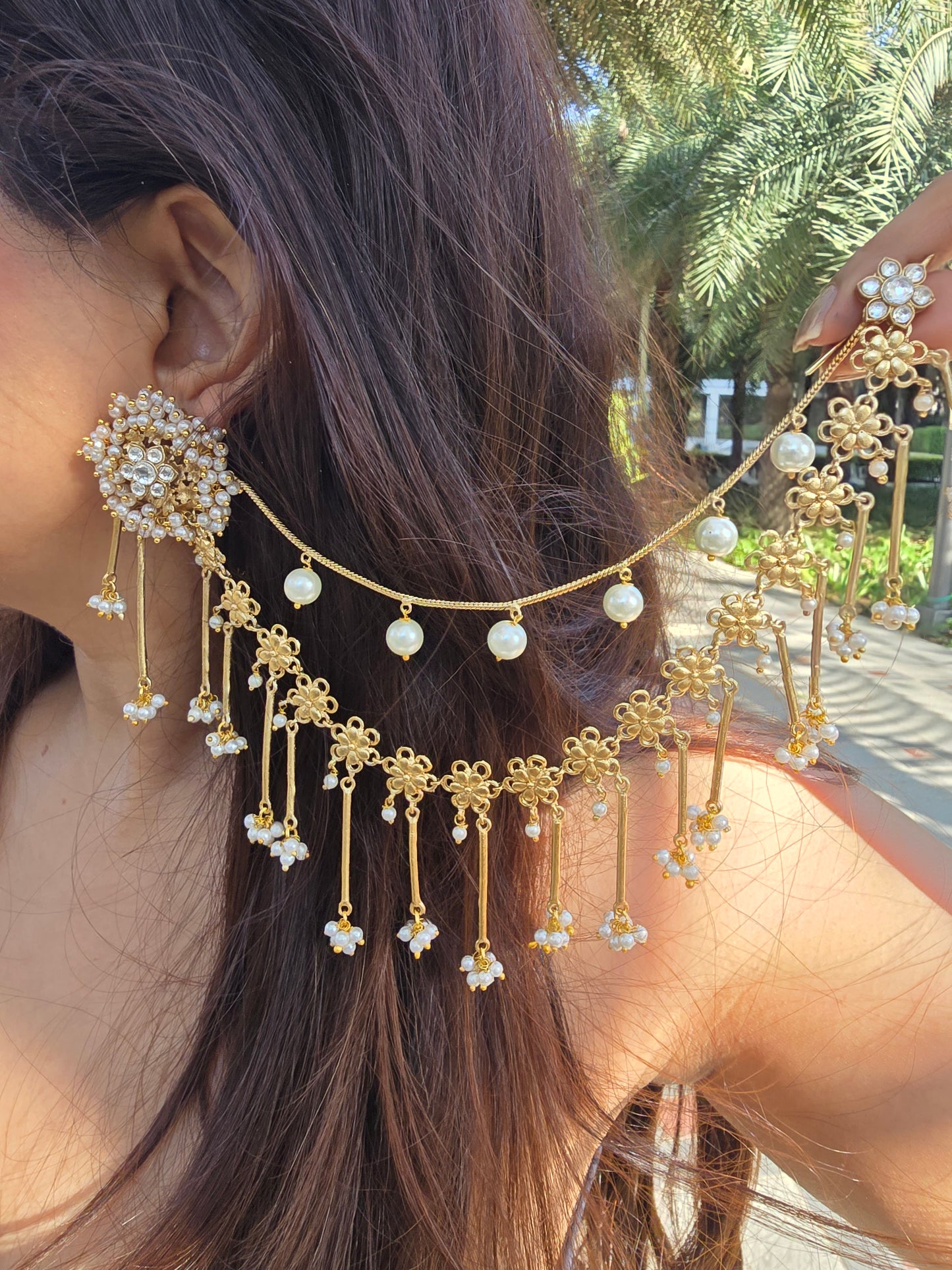 Bahubali Kundan Matt Ear Sahara Earrings with Triple-Layer Kaanchain (ear chain)