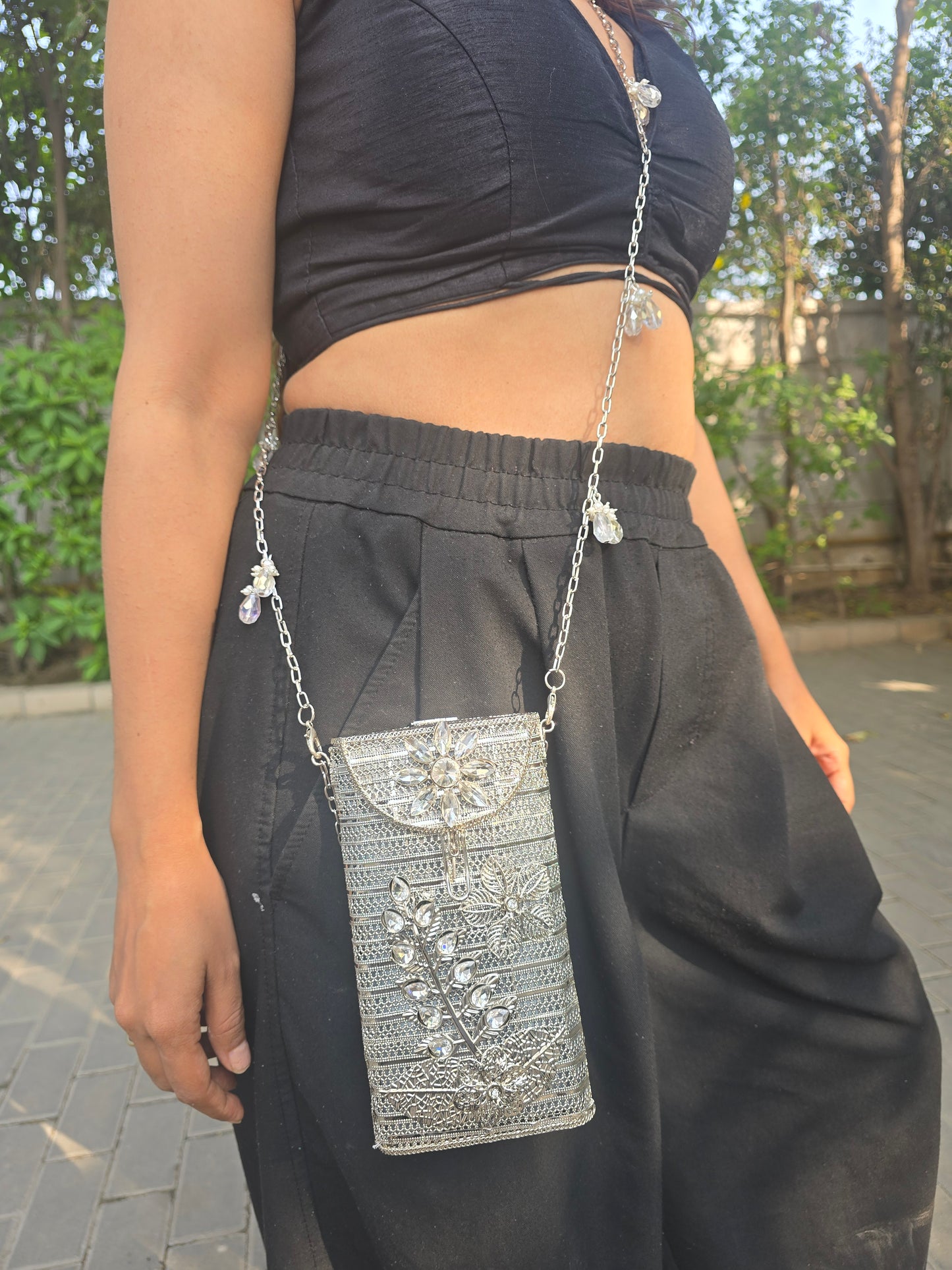 Ethnic Filigree Metal Phone Bag | 2-in-1 Waist & Crossbody Phone Pouch | Tasseled Festive Mobile Sling | Wedding Guest Gift